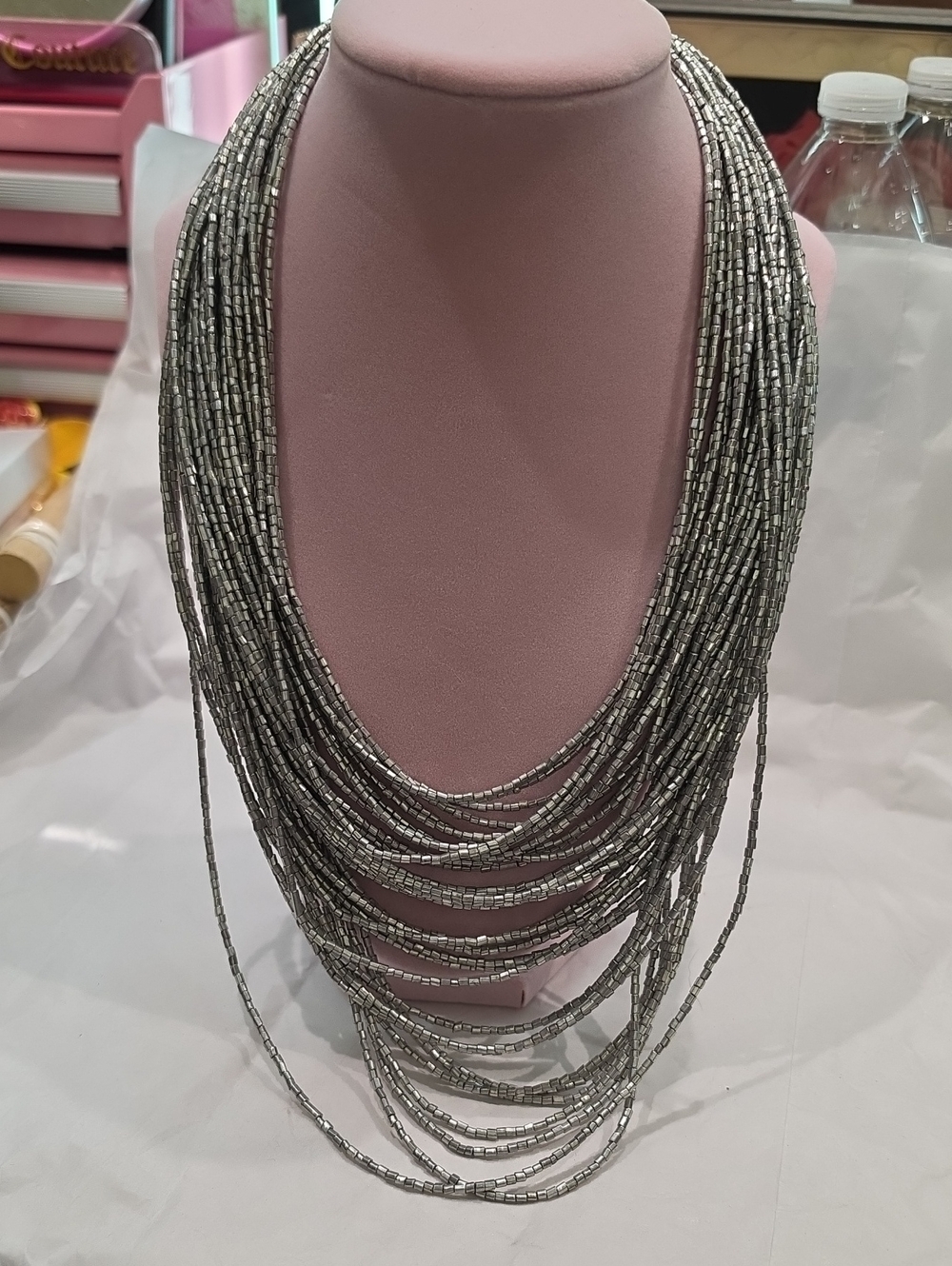 Multi-Strand Silver Beaded Statement Necklace - Women Jewelry